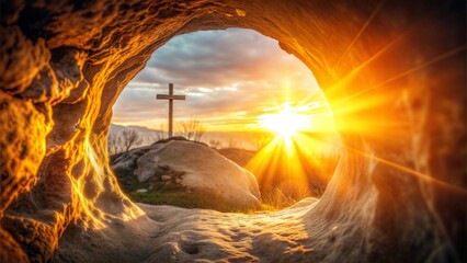 Empty Tomb of Jesus Christ at Sunrise, Symbolizing Resurrection and the Promise of Eternal Life, Reflecting the Essence of Christian Faith and Hope






