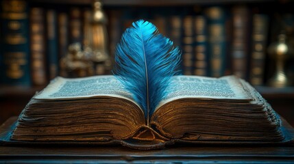 Blue Quill Pen on Old Book in Library Setting