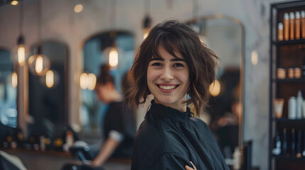 female hairdresser 30s smiling warmly in a salon with a client in the chair mirrors and hairstyling tools in the