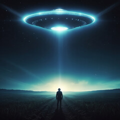 Fototapeta premium Flying UFO spaceship abduct man at night