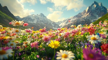 Obraz premium High mountain gardens, blooming with colorful flowers, like a painting of intoxication