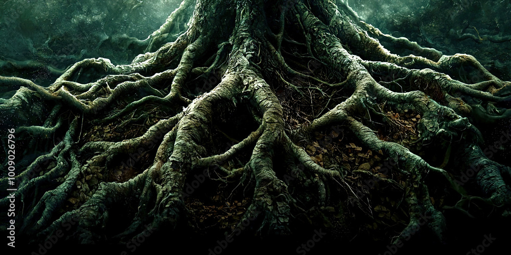 Poster a large tree with roots that are very thick and dark