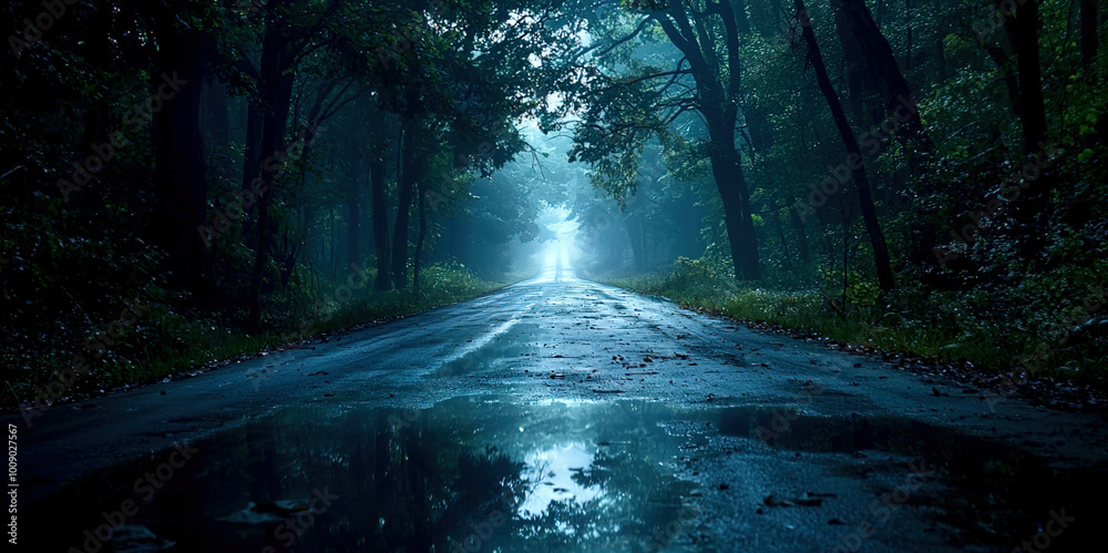 Poster a dark forest road with a wet road and trees in the background