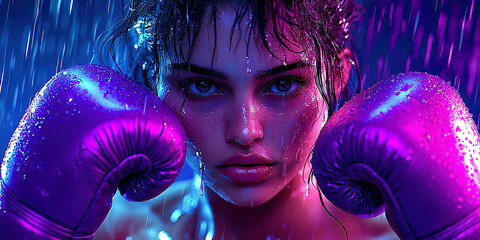 A woman wearing boxing gloves with her eyes closed