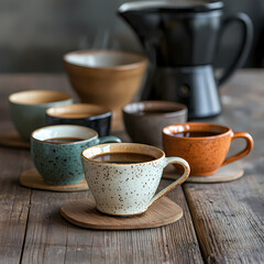 A cup of coffee is placed on a wooden table.