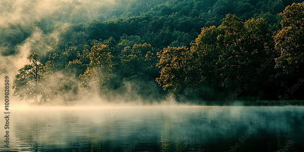 Poster a misty forest with a lake in the background