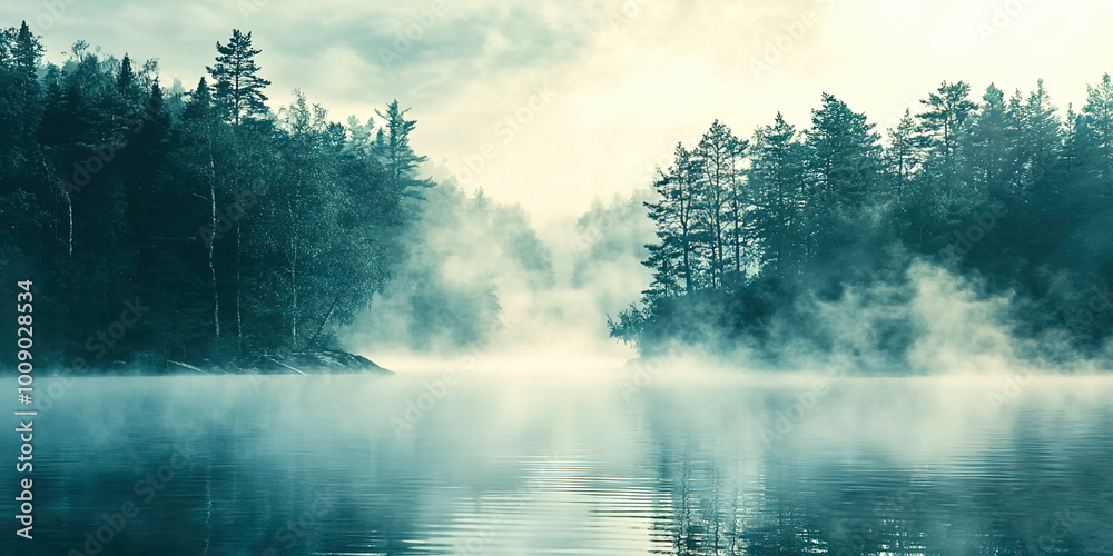 Poster a misty forest with a lake in the background