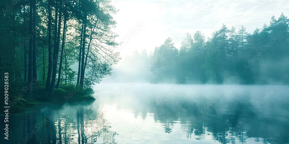 Poster a misty forest with a lake in the background