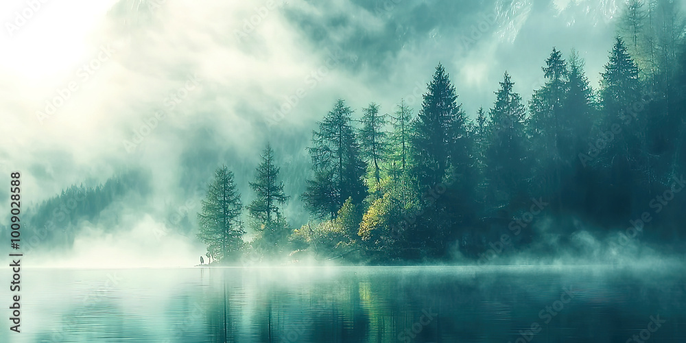 Poster a misty forest with a lake in the background