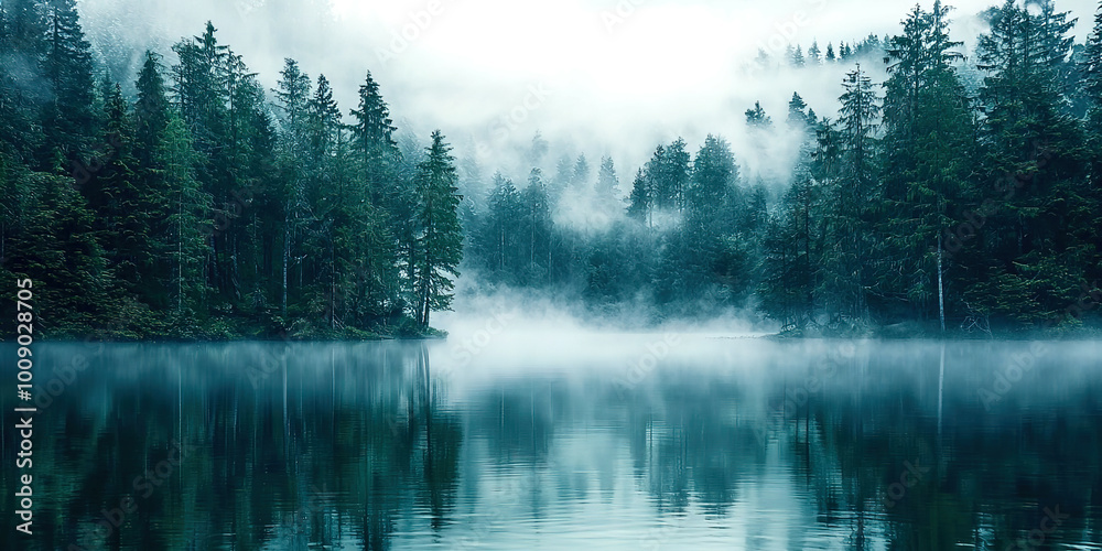 Poster a forest with a lake in the background