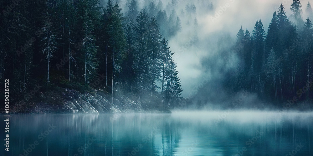 Poster a forest with a lake in the background
