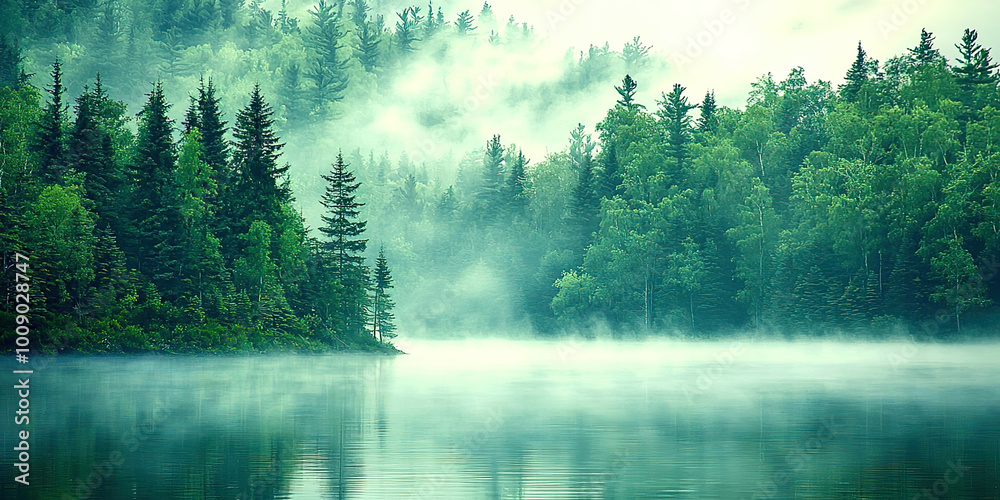 Poster a forest with a lake in the background