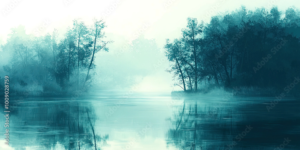 Poster a serene and peaceful scene of a lake with trees in the background