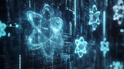 A futuristic digital interface showing atoms as holograms, with their atomic masses floating beside them in glowing data streams, representing their total mass