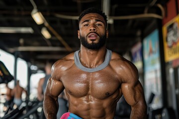 Shirtless muscular man with a towel draped over shoulder captures intensity and energy amidst gym setting filled with vibrant colors and workout equipment.