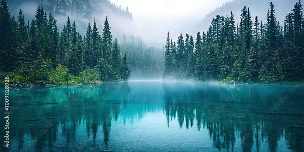 Poster a serene lake surrounded by trees with a misty sky in the background