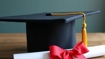 A close-up of a classic black graduation cap with a gold tassel rests on a wooden surface, alongside a rolled diploma tied with a red ribbon, set against a soft green background.