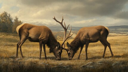 Fototapeta premium A pair of red deer grazing side by side in a grassy field, their antlers standing tall against the backdrop of a rolling landscape.