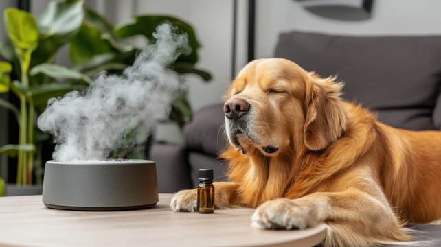 A dog is laying on a table next to a diffuser and a bottle of essential oil