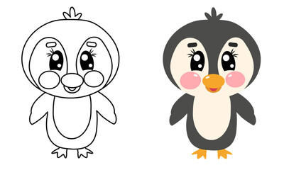 Cute outline penguin full height. Coloring page illustration for kids. Animal bird in line drawing