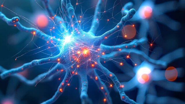 A vivid close-up of a neuron highlights its delicate structure and branching dendrites in vibrant orange and blue, showcasing dynamic synapses and cellular communication.