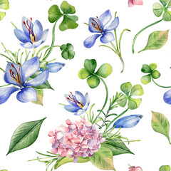 Spring wild flowers watercolor seamless pattern isolated. Clover, pink hydrangea and crocus illustration hand drawn by repeated background. Botanical art print for design package, home decor, textile.
