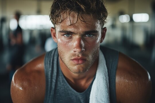 An athletic man with chiseled features and sweat-drenched skin holds a towel in a modern gym, demonstrating intense focus, dedication, and passion for fitness.