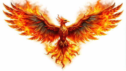 Burning phoenix bird isolated on white background