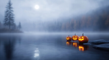 Three glowing jack o lanterns float on misty lake under full moon, creating spooky Halloween atmosphere. 