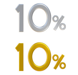 3d silver and gold number 10 percent or 10% on png transparent background.