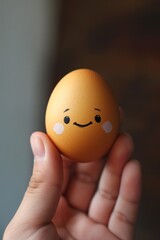Real egg with face anthropomorphic representation celebration.
