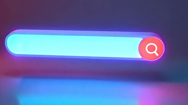 A vibrant search bar design in soft blue and pink hues, featuring a rounded shape and a red magnifying glass icon. Ideal for digital marketing, web design, or tech themes.