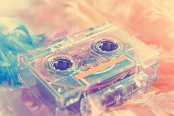 Transparent retro cassette on colorful feathers in soft light. Ideal for retro-themed designs or nostalgic marketing visuals.