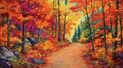 A Colorful Autumn Path Winding Through a Forest