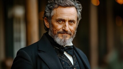 Fototapeta premium Portrait of a Handsome Mature Man with a Grey Beard, Wearing a Black Suit and a Bow Tie