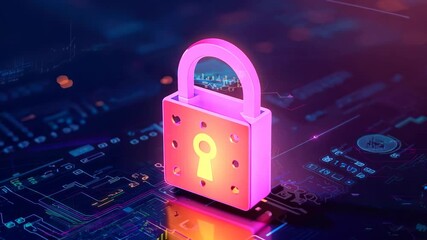 A vibrant digital illustration of a glowing pink padlock symbolizes cybersecurity and data protection against a dark, intricate background of abstract circuits, evoking security and innovation. - Powered by Adobe