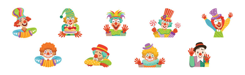 Funny Clown Character with Friendly Colorful Face Vector Set