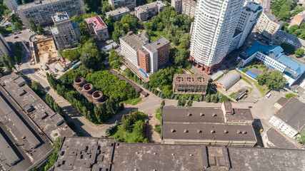 Aerial view building former factory Arsenal. Drone shot beautiful Kyiv Kiev building on a sunny summer day. Capital of Ukraine. Reconstruction