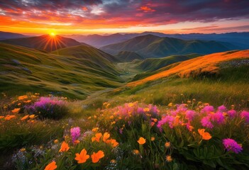 stunning vibrant sunrise over serene mountain colorful canvas dawn, morning, landscape, valley, view, panoramic, vivid, nature, scenery, sky, beauty