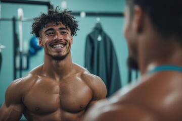 A muscular man with curly hair beams kindly in a gym, highlighting his fit physique and confident demeanor after an intense workout session.