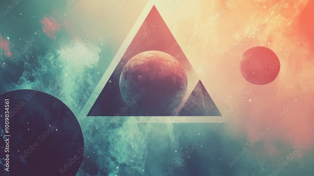 Poster a cosmic triangle surrounding planets and stars in a dusty nebula