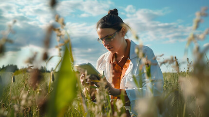 female environmental scientist 30s dedicated in a field with research equipment and natural setting