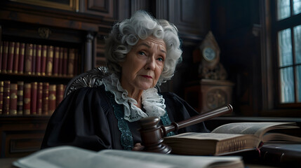 female judge 50s authoritative yet approachable in a courtroom with gavel and law books