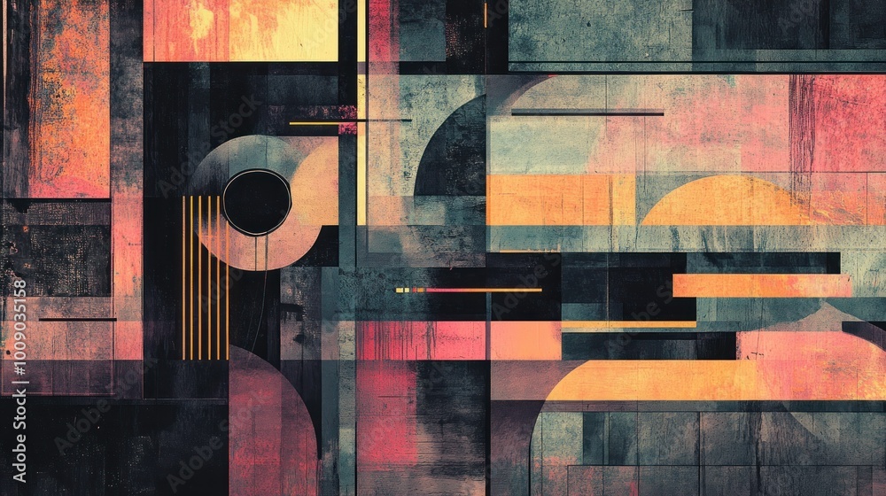 Poster abstract geometric composition with vibrant colors and textured surfaces