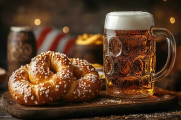 a detailed shot of a freshly baked pretzel on a wooden board sprinkled with coarse salt next to mustard and beer with Oktoberfest decorations and a Bavarian flag in the background