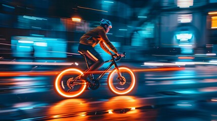 Fototapeta premium Cyclist Riding Bike with Energy Harvesting Wheels Glowing in the City at Night