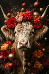 scottish highlander cow in an explosion of flowers christmas style artwork