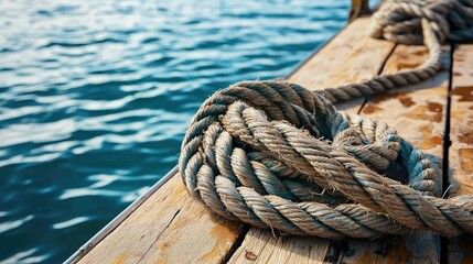 Fototapeta premium A close-up view of a coiled rope on a wooden dock with shimmering water in the background, evoking tranquility and marine adventure.