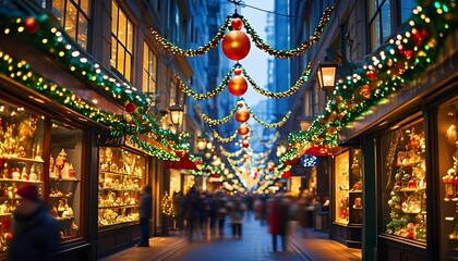 Fototapeta premium A festive street scene adorned with colorful Christmas decorations, featuring shops lit up with holiday lights and people enjoying the cheerful atmosphere.