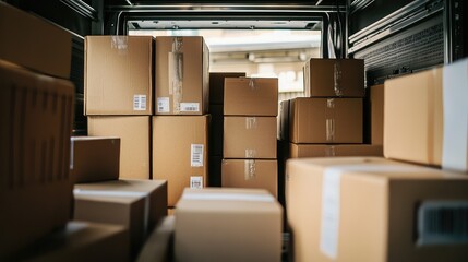 A cluttered delivery van filled with numerous cardboard boxes ready for shipment or distribution.